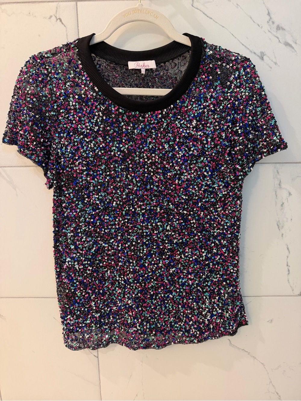 Parker Black Short Sleeve Sequin Tee with Multi-Color Accents